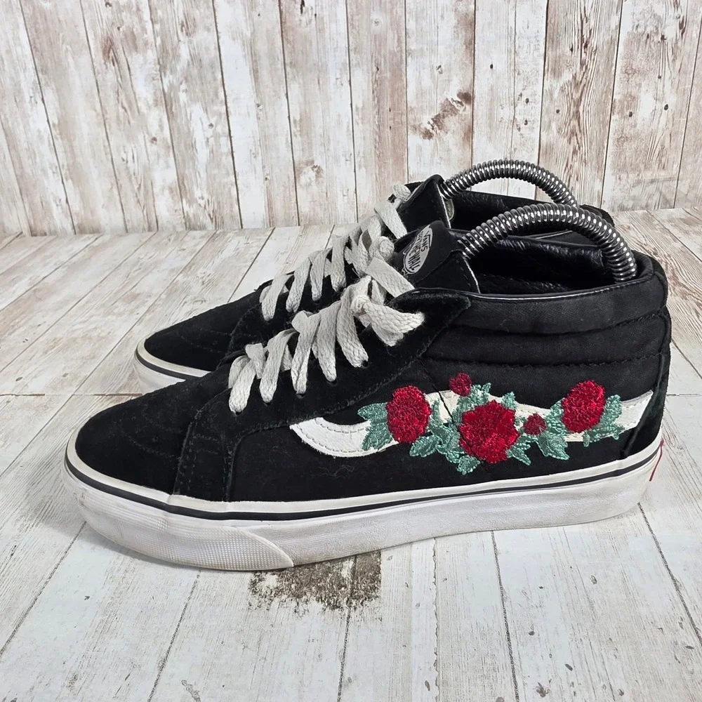 Vans‎ Sk8-Mid Black Rose Embroidered Floral Skate Shoes Womens 7 Mens 5.5